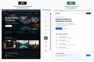 side by side comparison of a visually interesting website with low rankings and a poor website with higher rankings